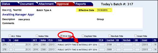 Adjustments Approval screen with the Effective Date and the PCA Title check box highlighted