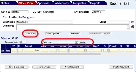 Allocation, Financial, or Revenue Plan screen with Add Row button and the Template drop down menu highlighted