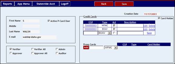 User profile screen with a list of card numbers