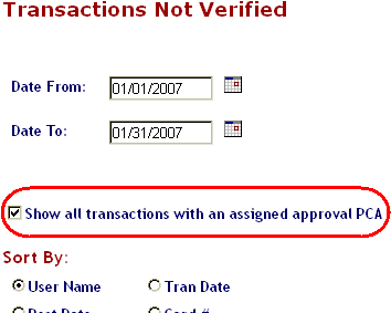 Show all transactions with an assigned approval PCA check box highlighted
