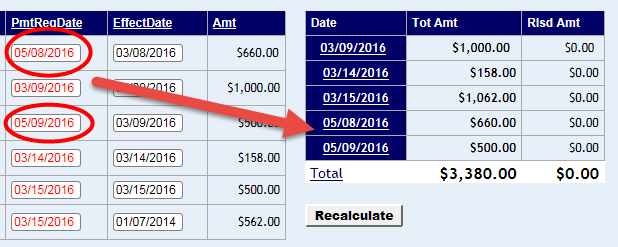 payment request dates highlighted and total amount shown