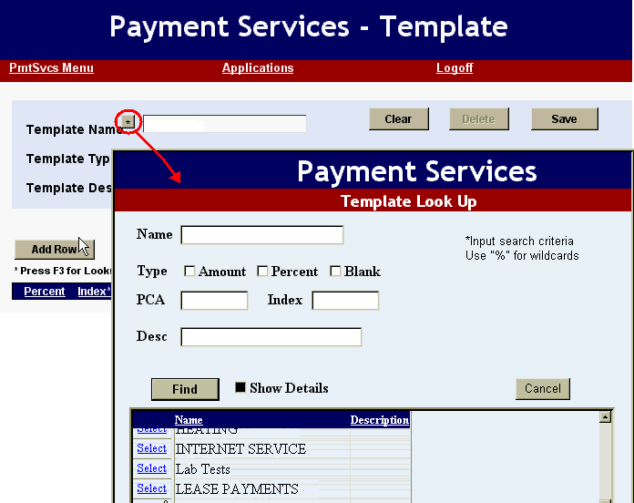 the template name field asterisk highlighted and a list of templates shown