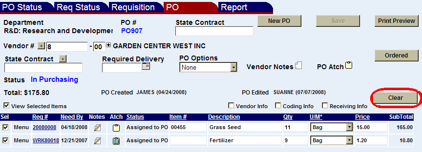 the Clear button highlighted on the Purchase Order screen