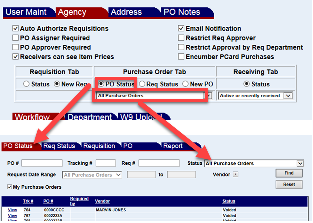 purchase order tab with the PO status radio button highlighted and the PO status screen shown