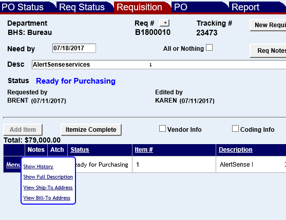 the line item menu for a a requisition item with a status of ready for purchasing