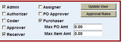the purchaser max PO amount and max item amount text boxes shown