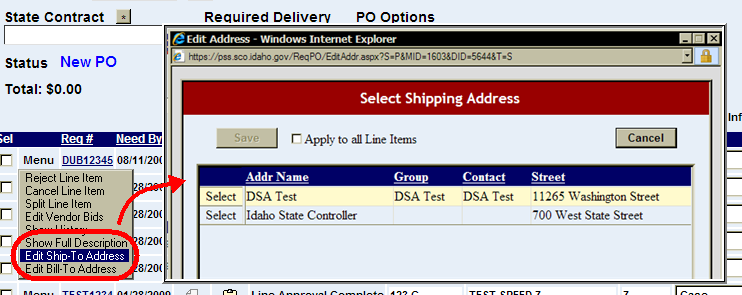 purchase order menu link highlighted with shipping address window displayed
