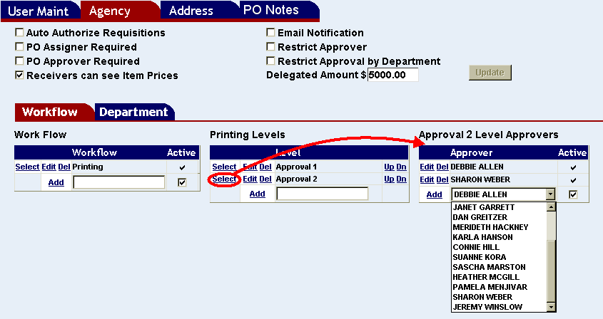 approval level select button highlighted and a list of approvers shown