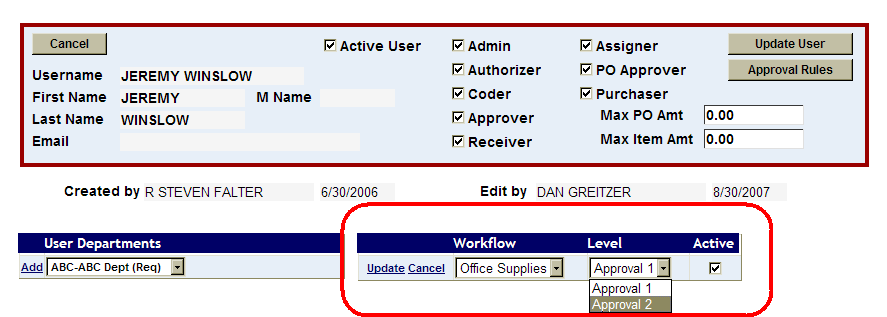A user profile with their associated workflow approval level drop down menu highlighted