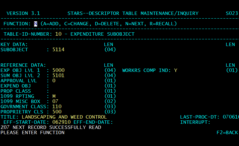 STARS descriptor table screen