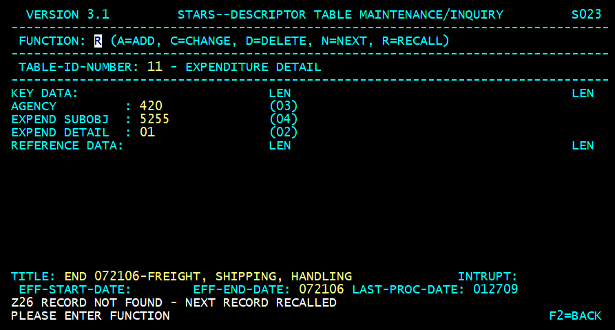 STARS descriptor table screen