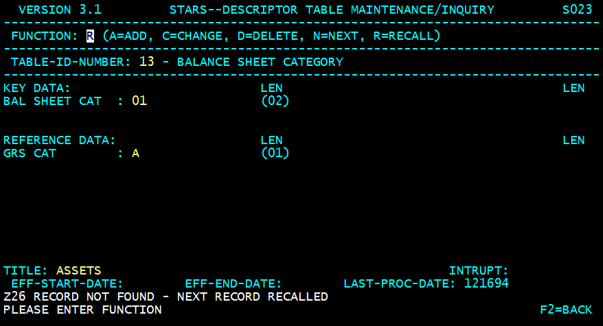 STARS descriptor table screen