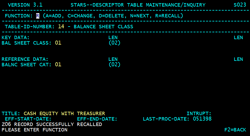 STARS descriptor table screen