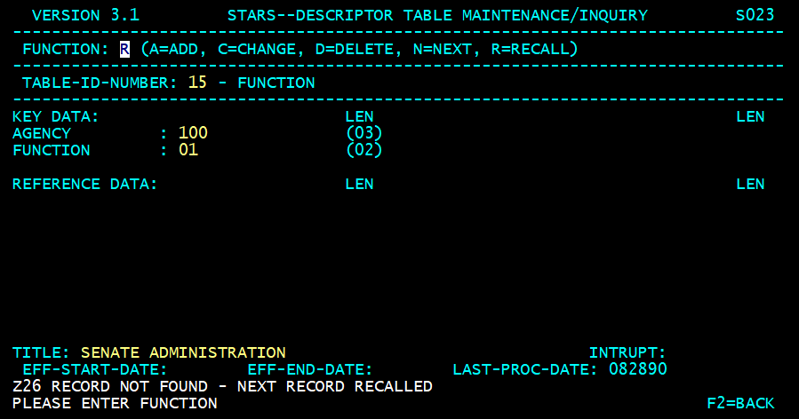 STARS descriptor table screen