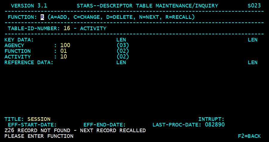 STARS descriptor table screen