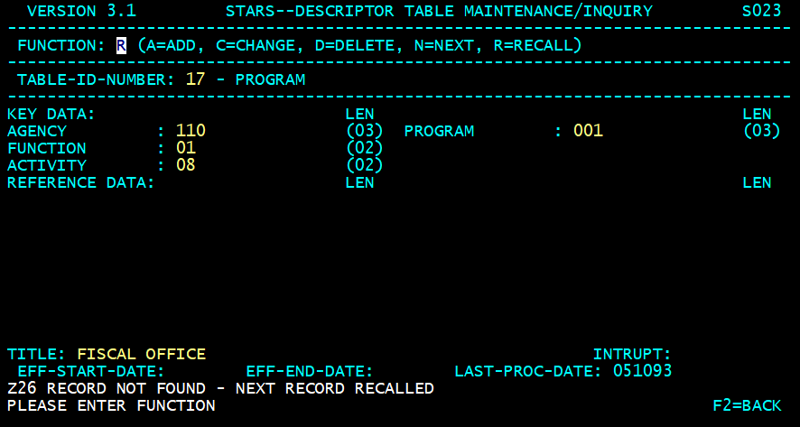 STARS descriptor table screen