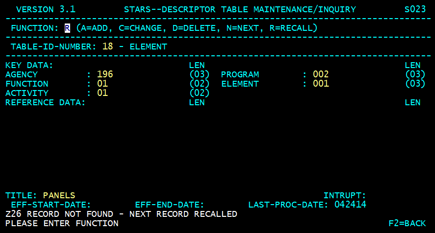 STARS descriptor table screen