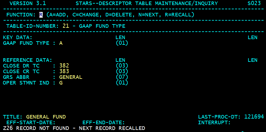 STARS descriptor table screen