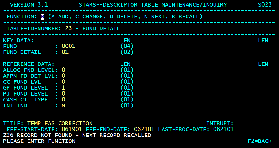 STARS descriptor table screen