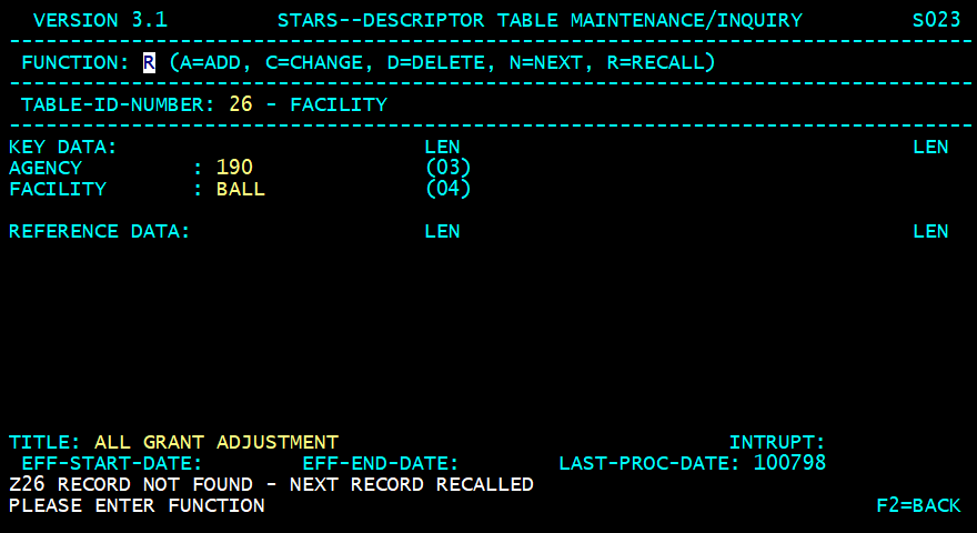 STARS descriptor table screen