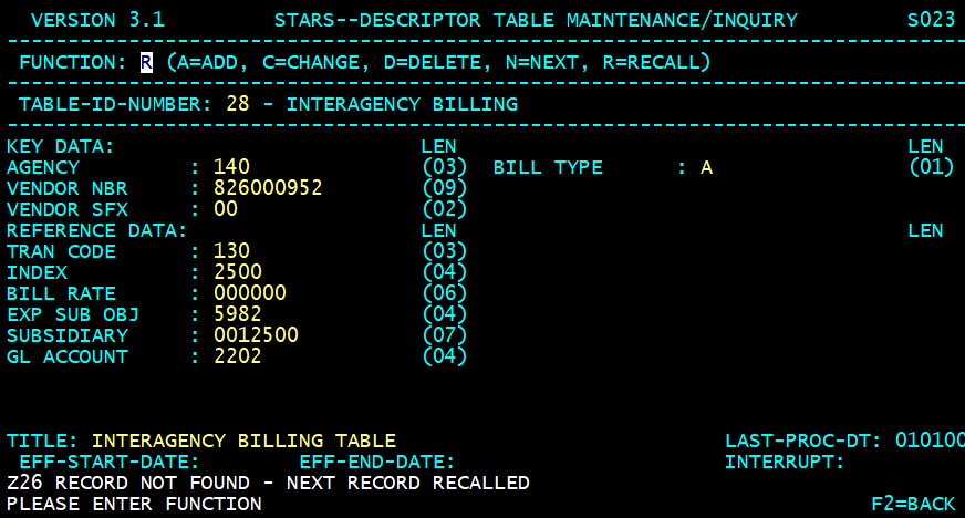 STARS descriptor table screen