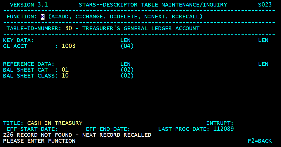 STARS descriptor table screen