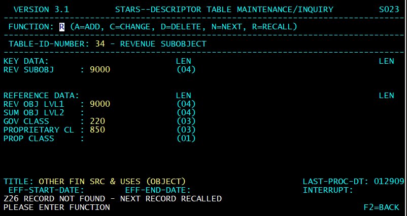 STARS descriptor table screen