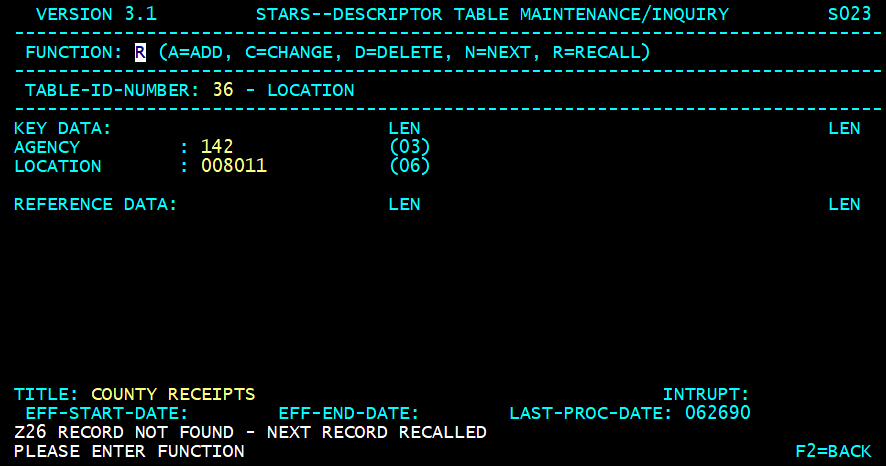 STARS descriptor table screen