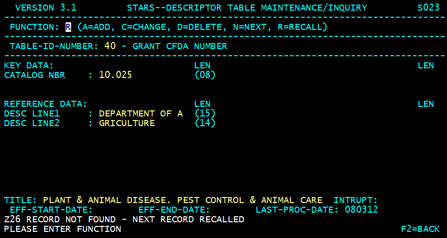 STARS descriptor table screen