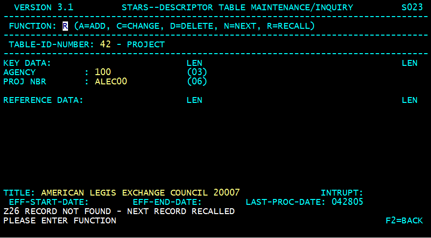 STARS descriptor table screen