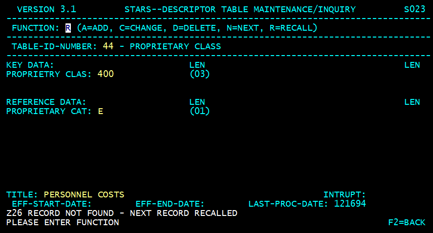 STARS descriptor table screen