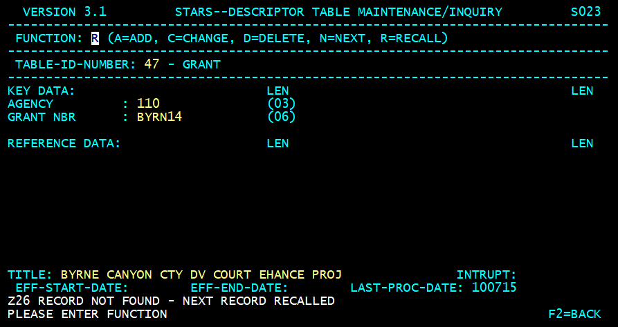 STARS descriptor table screen