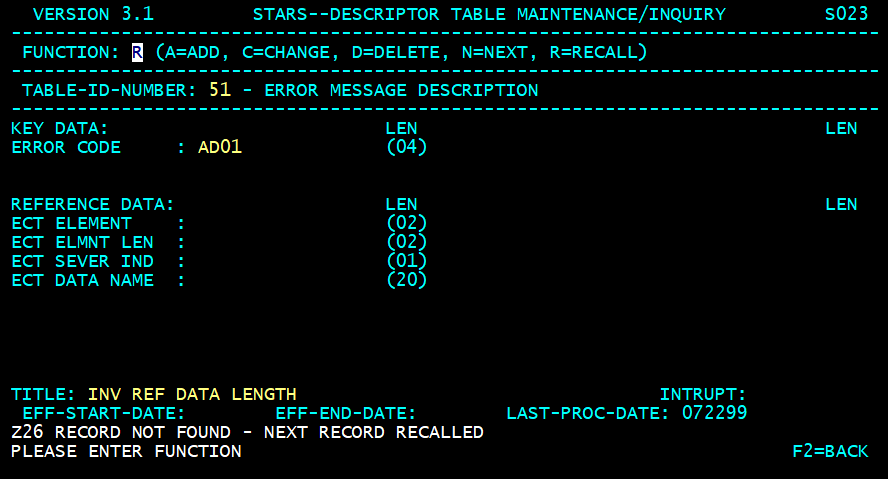 STARS descriptor table screen