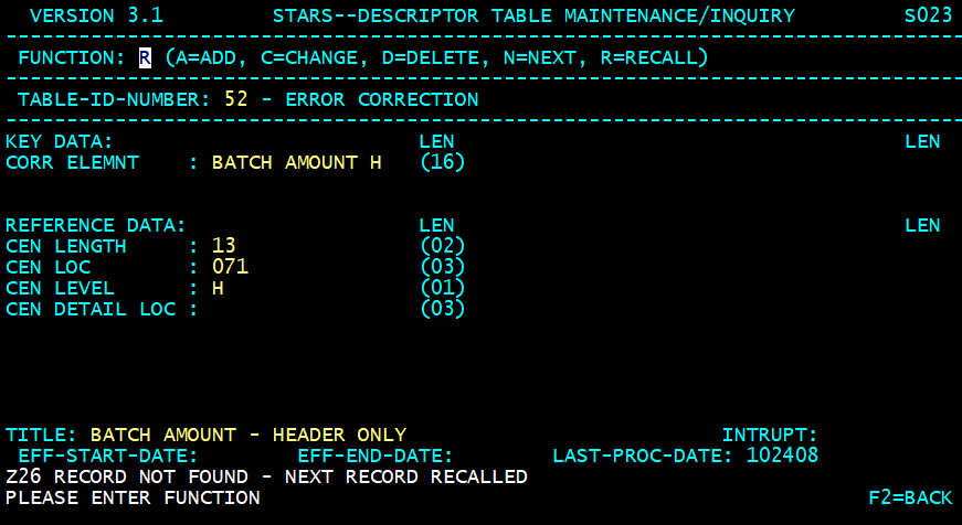 STARS descriptor table screen