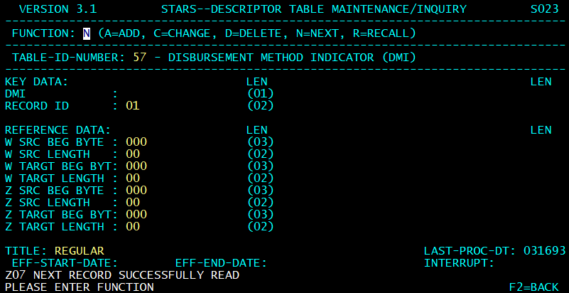 STARS descriptor table screen