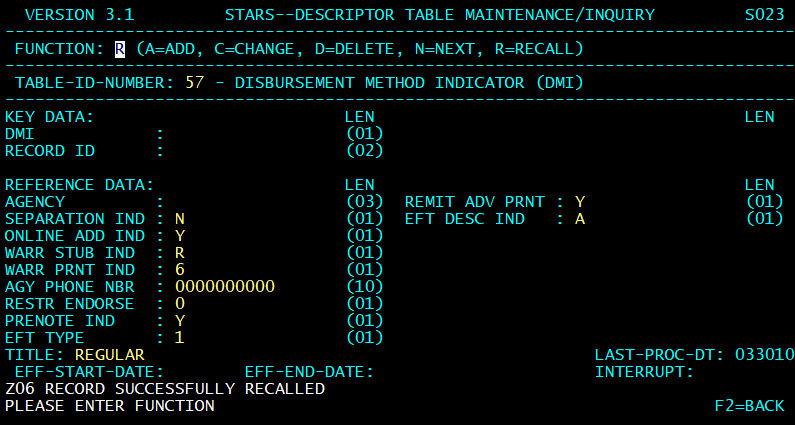 STARS descriptor table screen