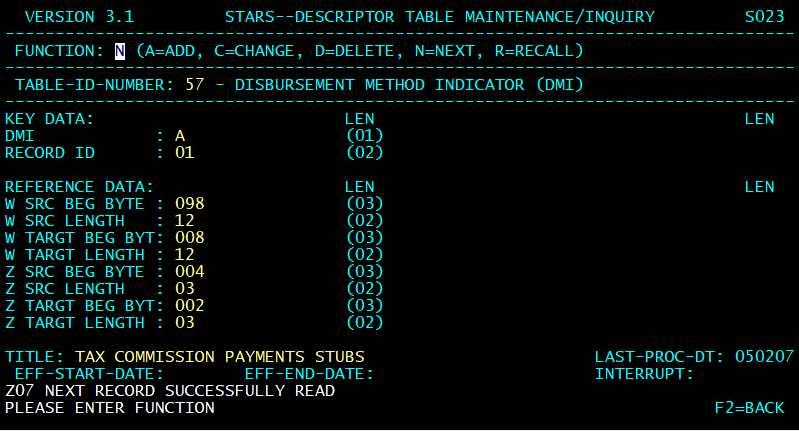 STARS descriptor table screen