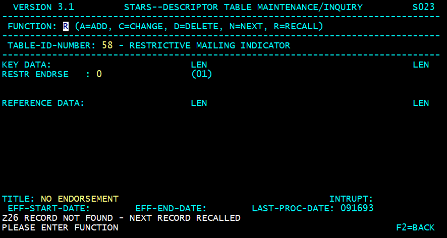 STARS descriptor table screen