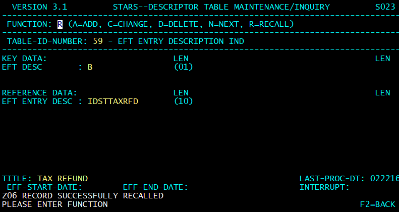 STARS descriptor table screen