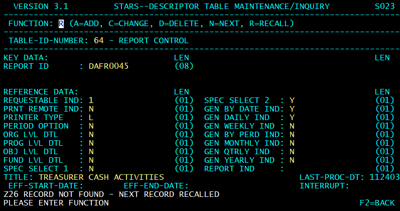 STARS descriptor table screen