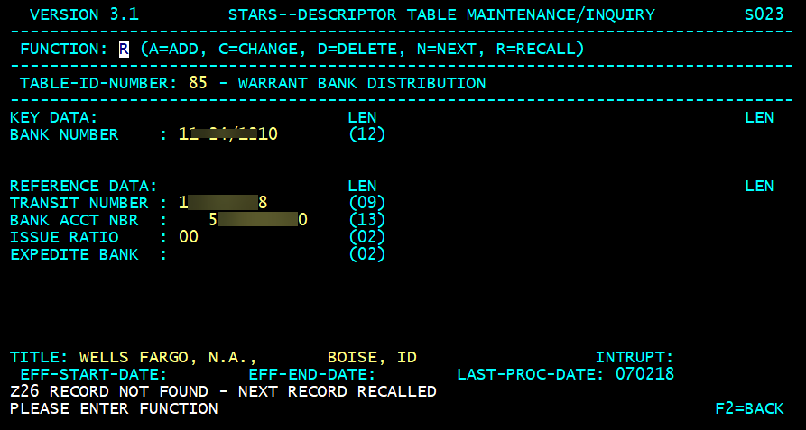 STARS descriptor table screen