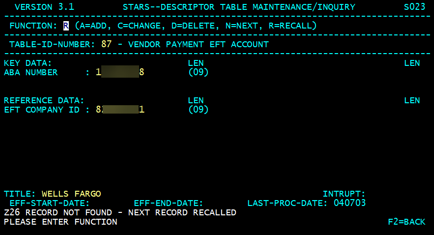 STARS descriptor table screen