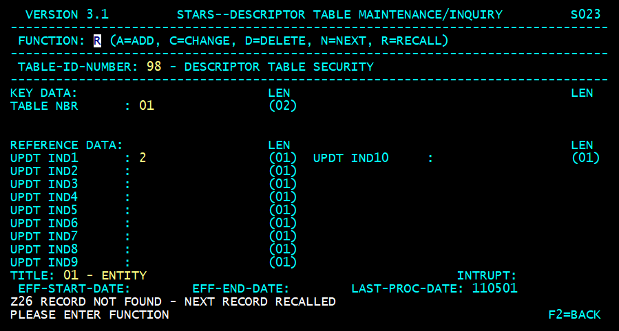 STARS descriptor table screen