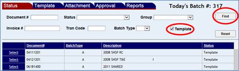 Adjustements Status screen with the Template check box and the Find button highlighted