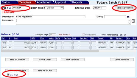 Adjustments Template screen with the Document number, Save button, and Save Detail check box highlighted