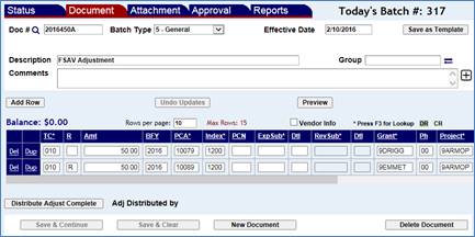 Adjustments Document screen with two transaction rows entered