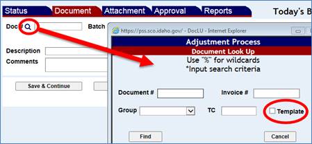  Adjustments Document screen with document number Find icon highlighted and a Document lookup screen shown