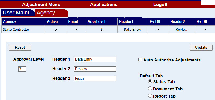 Agency settings in Admininstration section of Adjustments