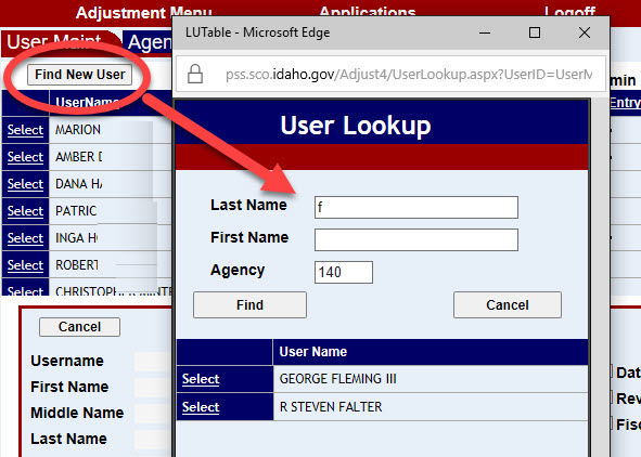 The user lookup screen with last name and first name fields