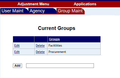 Group maintenence screen with examples of groups added